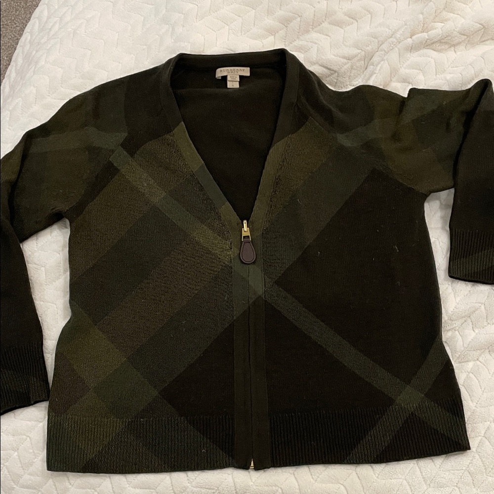 Burberry Brit wool/cashmere luxury designer Plaid Zip Cardigan sweater